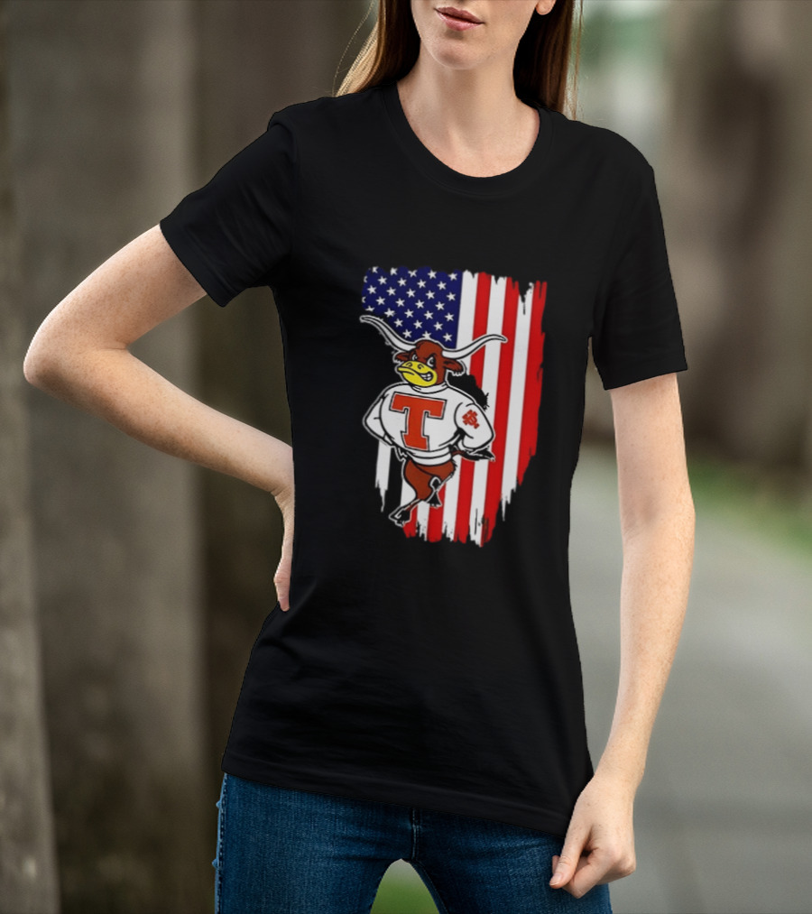 Texas Longhorns Mascot Over USA Flag T-Shirt