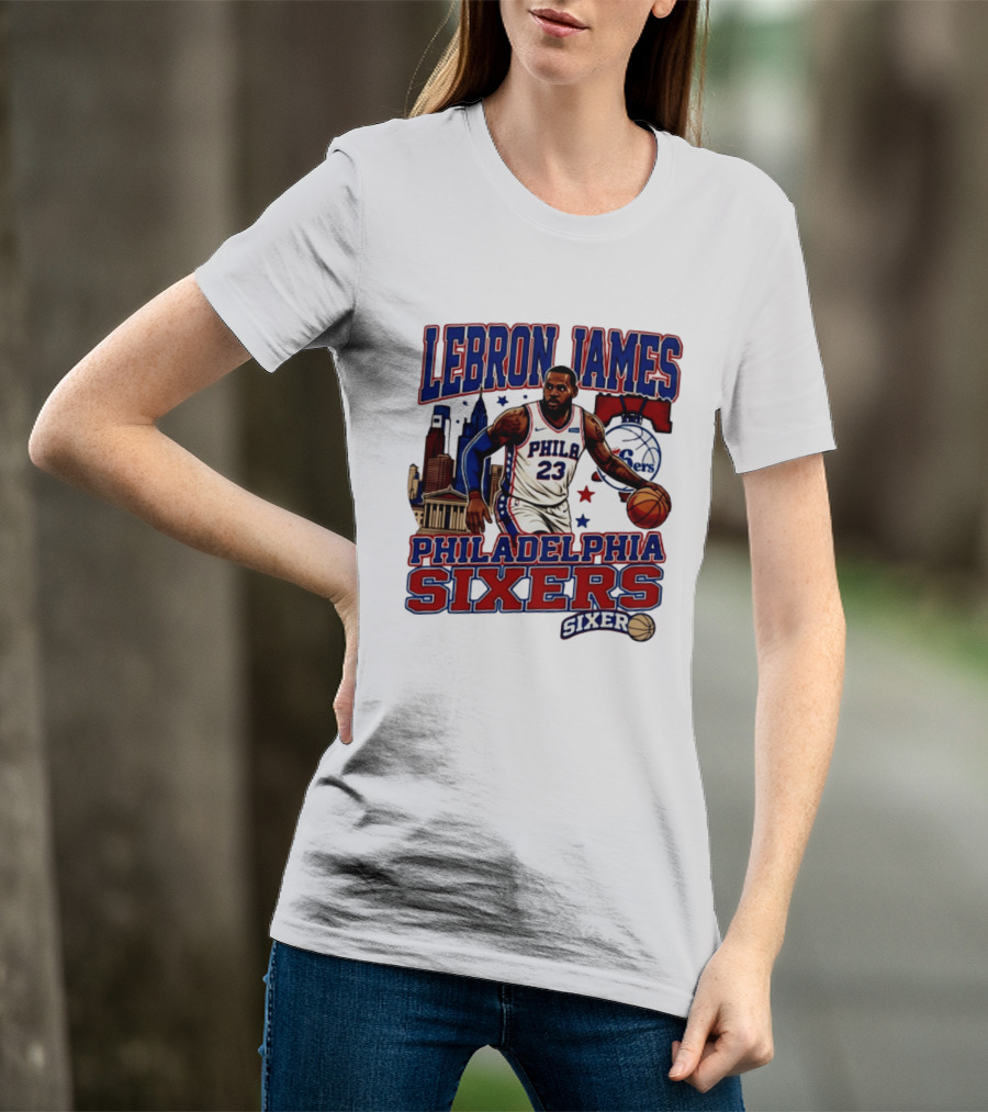 LeBron James Philadelphia Sixers No 23 Jersey Cityscape Basketball T-Shirt