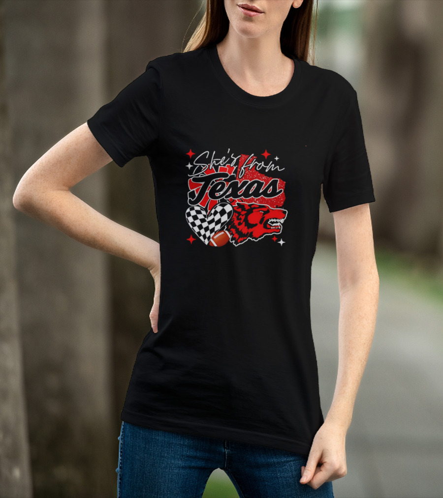 Cheerleading Texas Football Wolf She's From Texas Heart Checkered Ball Stars T-Shirt
