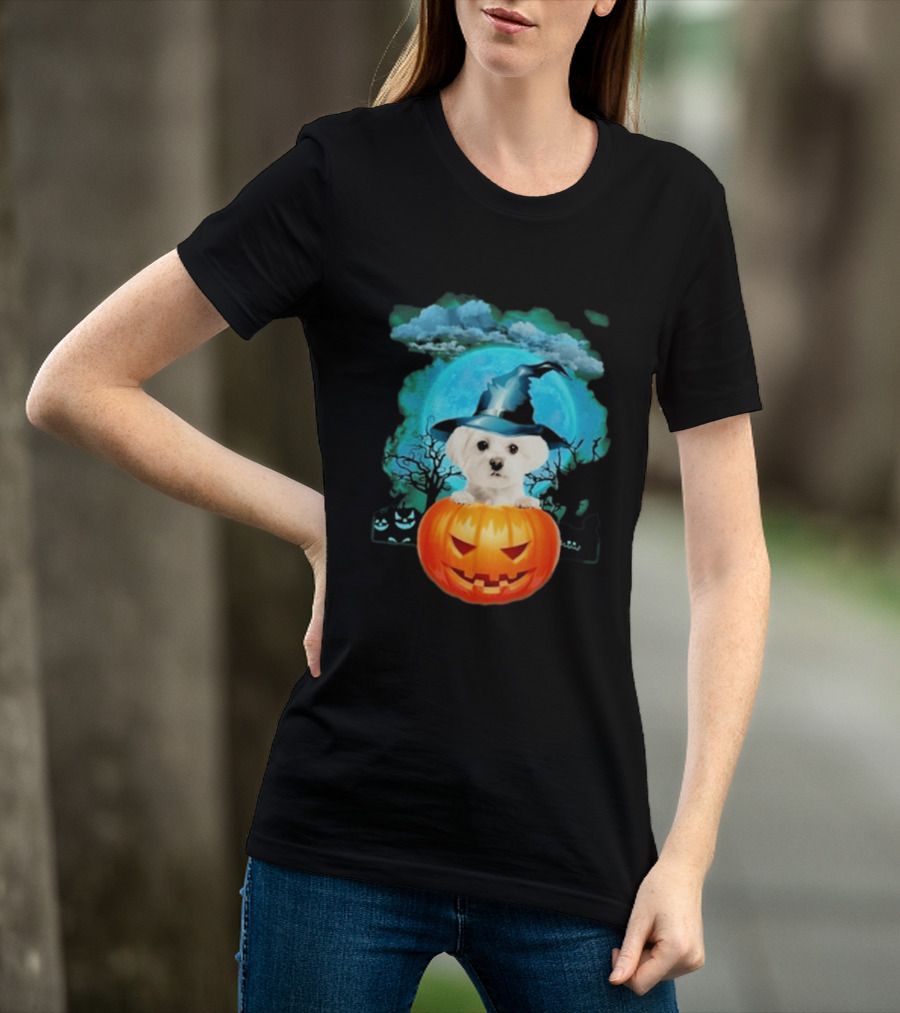 Happy Halloween White Maltese Witch Hat Pumpkin Blue Moon T-Shirt