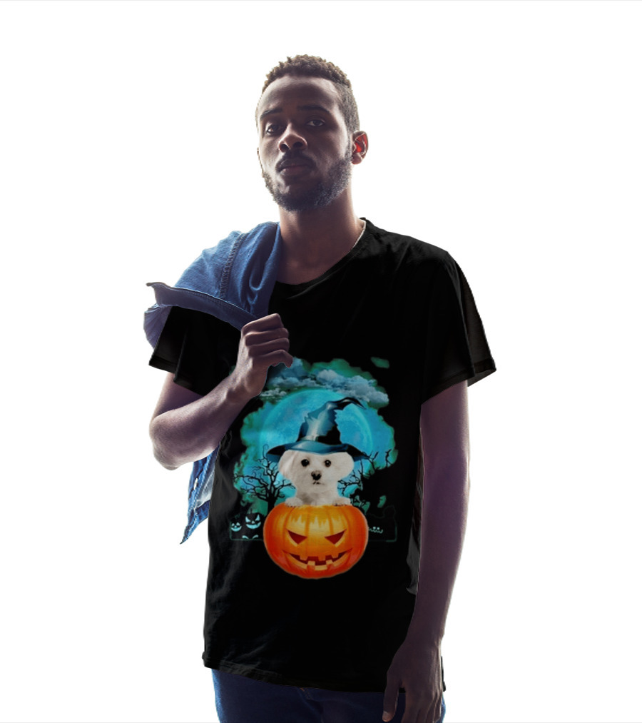 Happy Halloween White Maltese Witch Hat Pumpkin Blue Moon T-Shirt