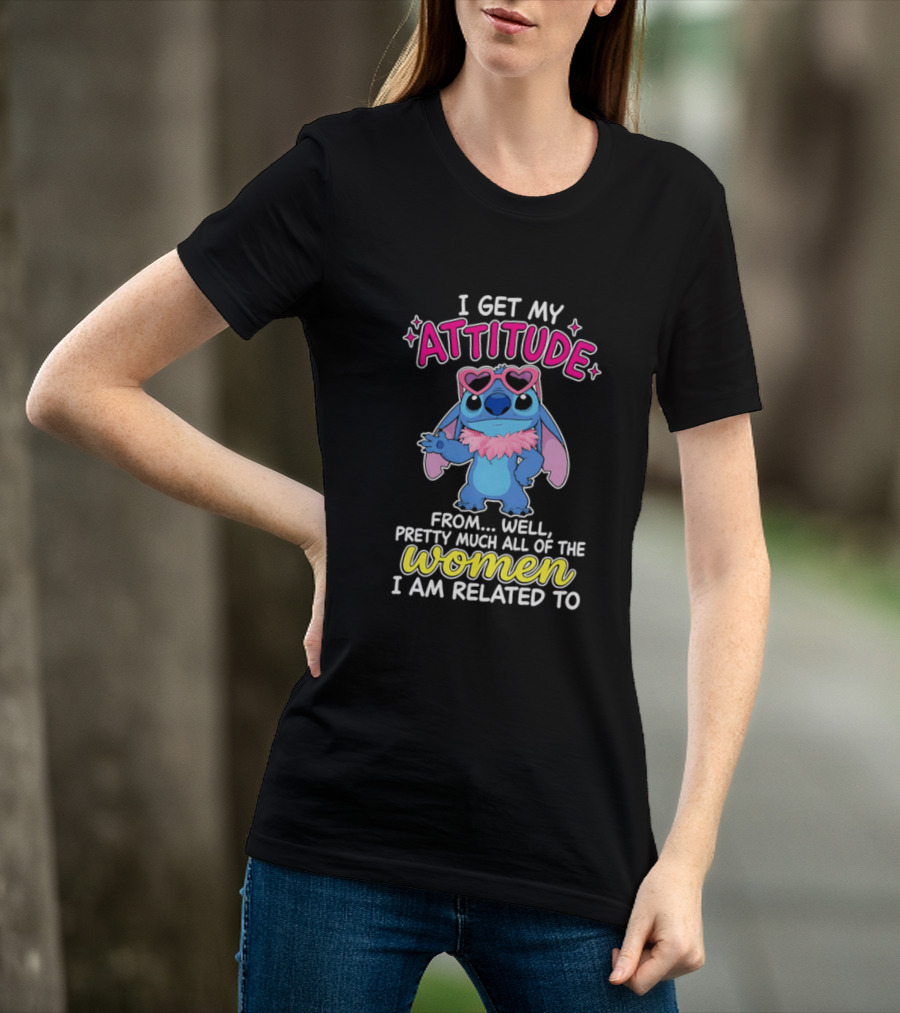 I Get My Attitude From Pretty Much All Of The Women I Am Related To Cute Blue Cartoon Character With Pink Accessories T-Shirt