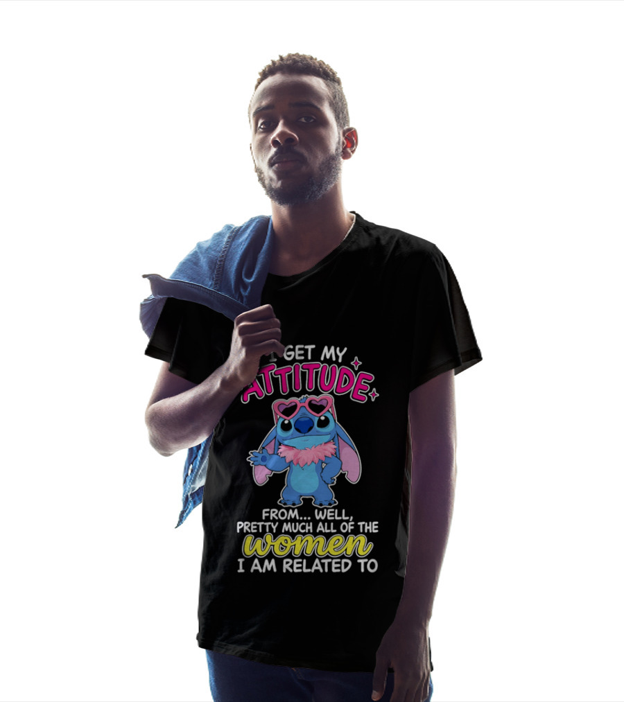I Get My Attitude From Pretty Much All Of The Women I Am Related To Cute Blue Cartoon Character With Pink Accessories T-Shirt