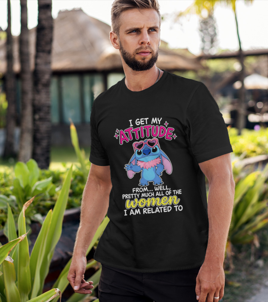 I Get My Attitude From Pretty Much All Of The Women I Am Related To Cute Blue Cartoon Character With Pink Accessories T-Shirt
