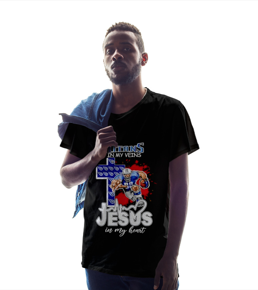 Titans In My Veins Jesus In My Heart Football Player Cross T-Shirt