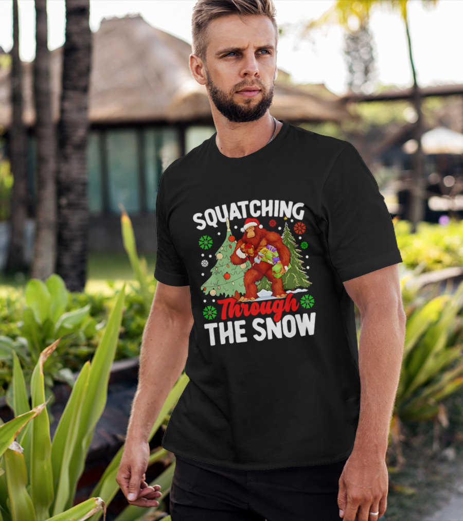 Squatching Through The Snow Bigfoot Christmas Tree Holiday Santa Big Foot T-Shirt