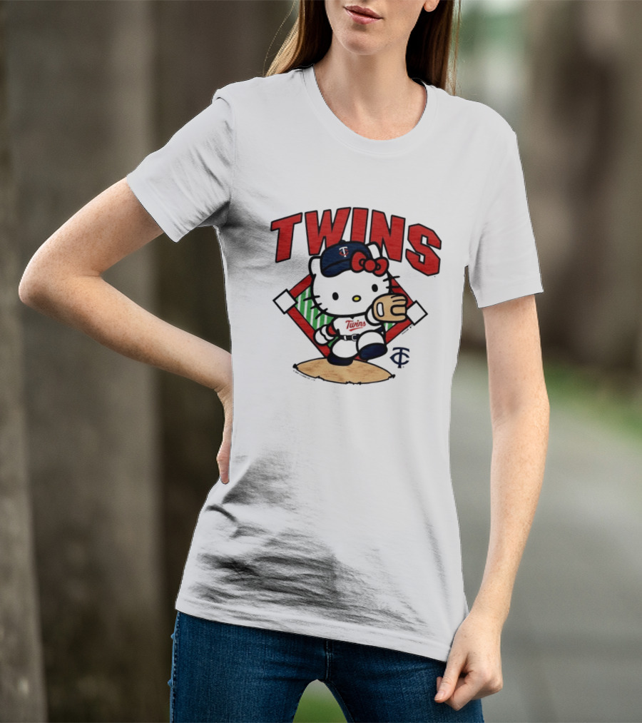 Hello Kitty Twins Baseball Distressed MLB Player Cartoon T-Shirt