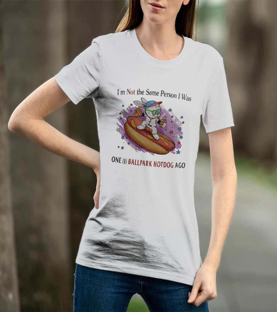 I'm Not The Same Person I Was One Ballpark Hotdog Ago Baseball Bunny With Sunglasses And Stars T-Shirt