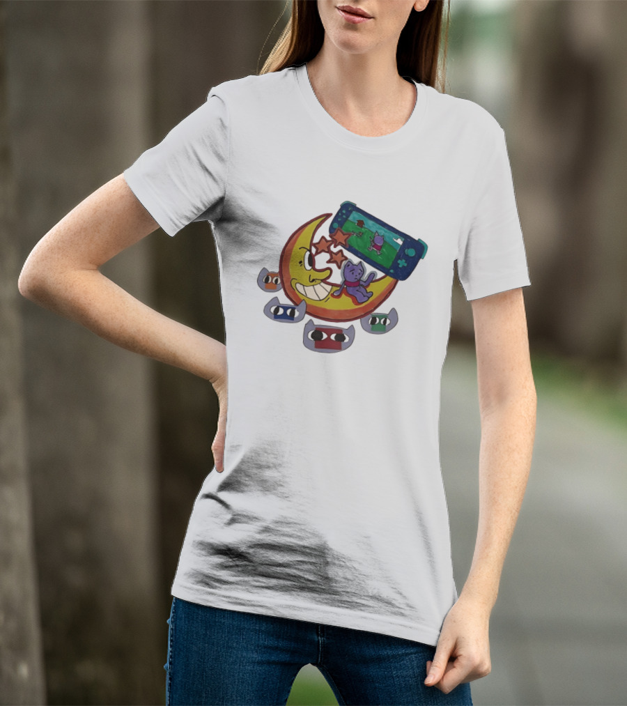 Cartoon Moon And Cat Playing Game With Stars And Colorful Masks T-Shirt