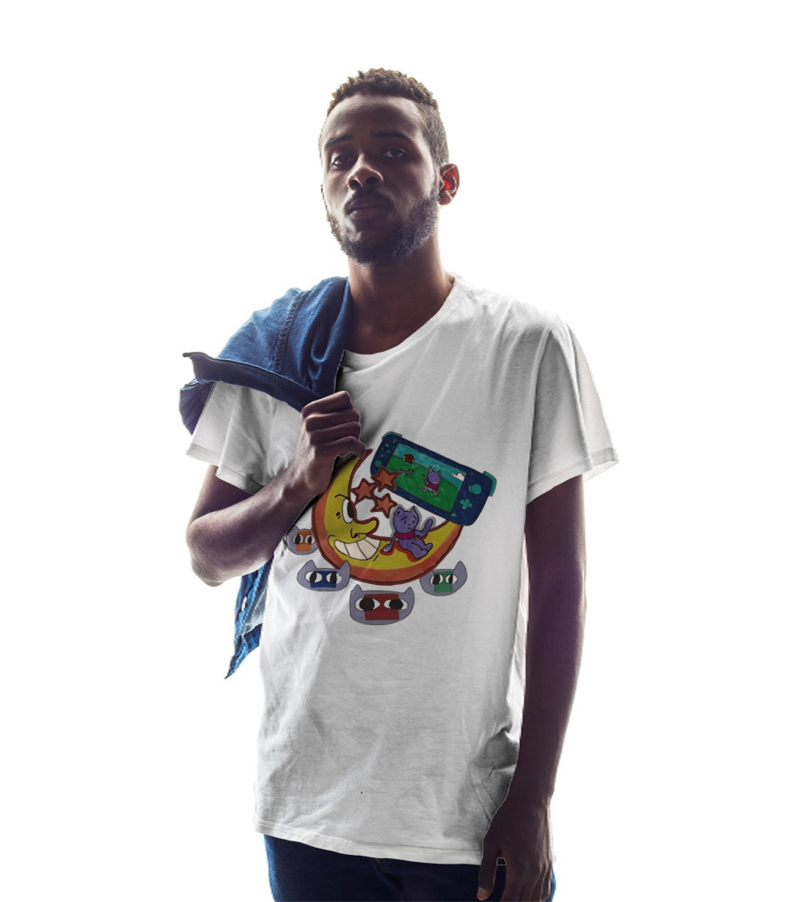 Cartoon Moon And Cat Playing Game With Stars And Colorful Masks T-Shirt