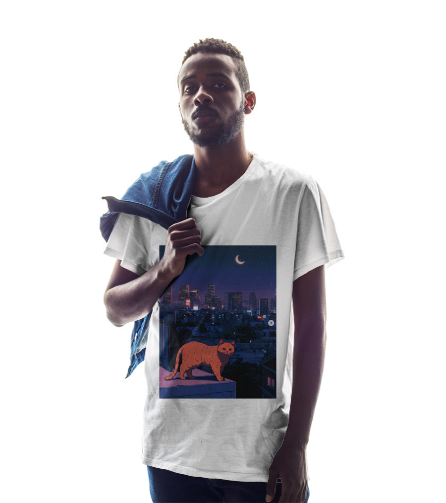 Orange Tabby Cat Under Night Sky Overlooking City Skyline With Crescent Moon T-Shirt