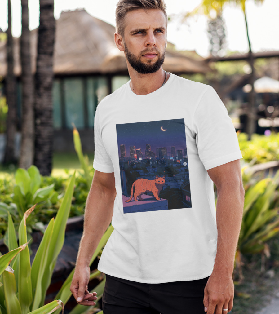 Orange Tabby Cat Under Night Sky Overlooking City Skyline With Crescent Moon T-Shirt