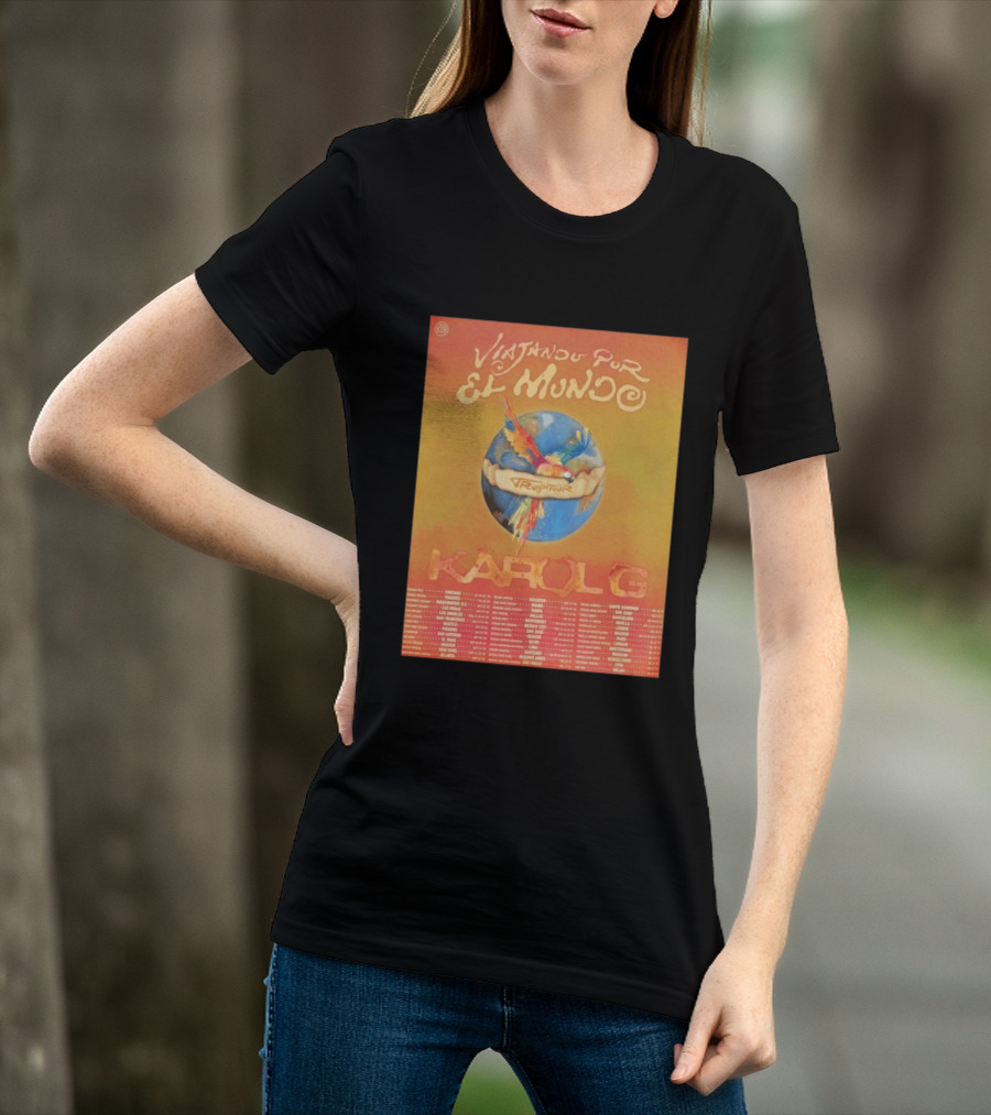 Karol G Viajando Por El Mundo Tropitour 2026 World Tour Dates Colorful Parrot T-Shirt