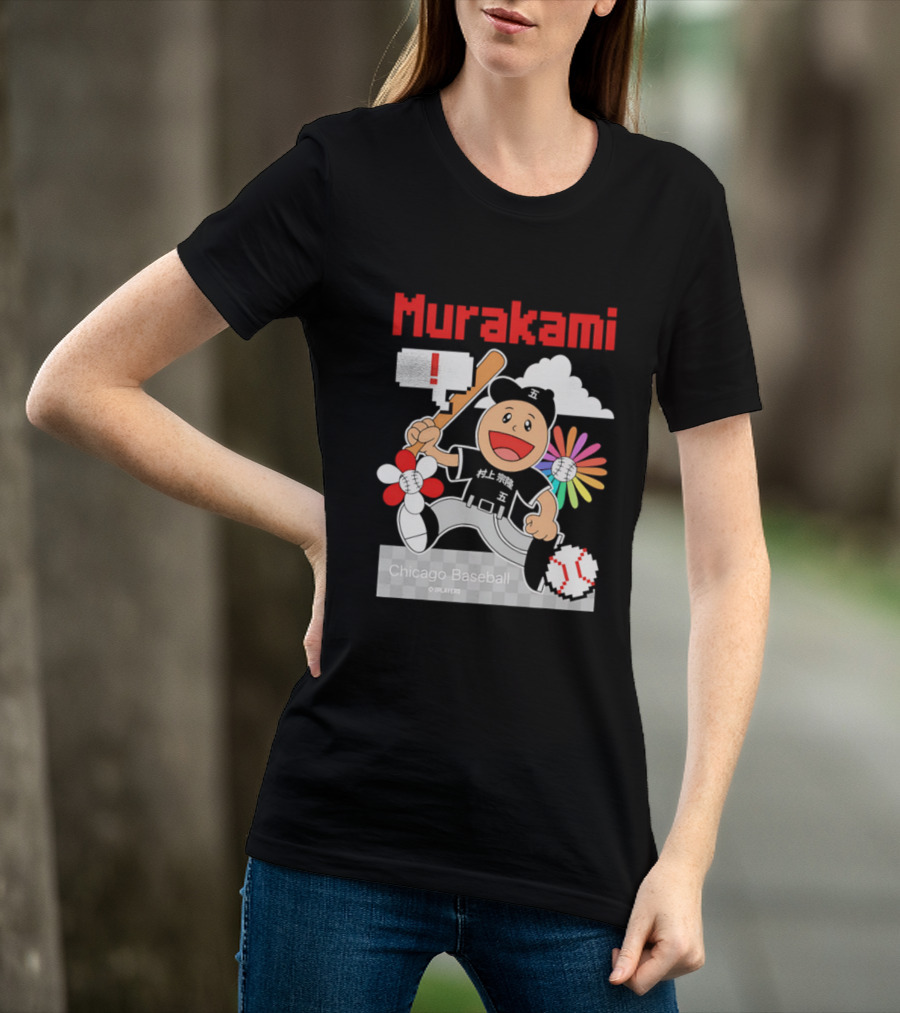 Murakami Chicago Baseball IPlayers Animated Character Flower Motif T-Shirt