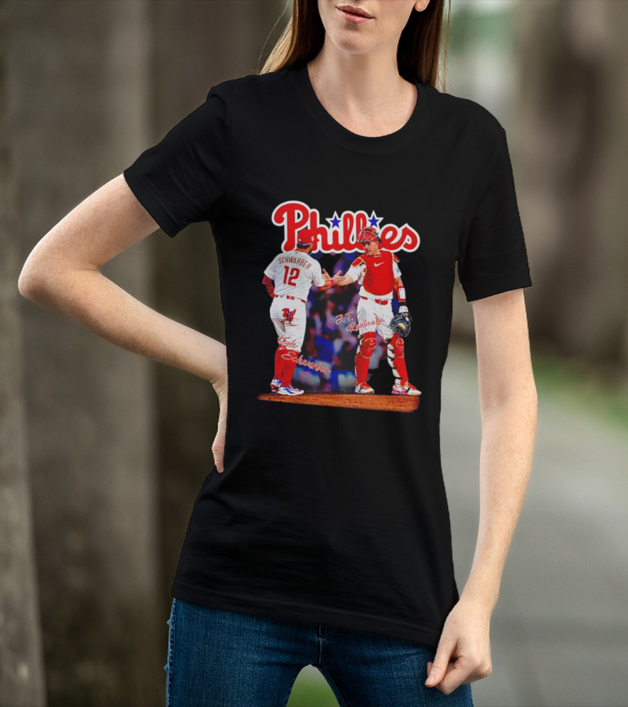 Philadelphia Phillies Kyle Schwarber J Realmuto 12 Catcher Handshake T-Shirt