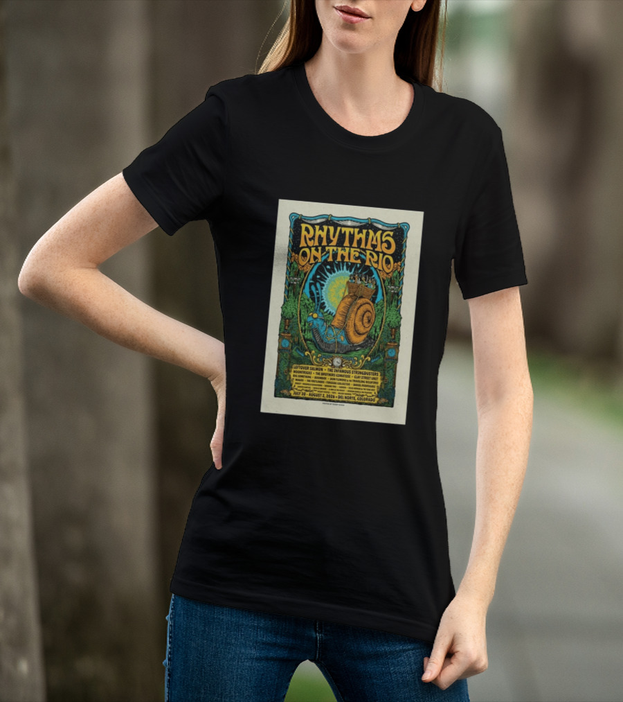 Rhythms On The Rio July 30 August 2 2026 Del Norte Colorado Leftover Salmon The Infamous Stringdusters T-Shirt