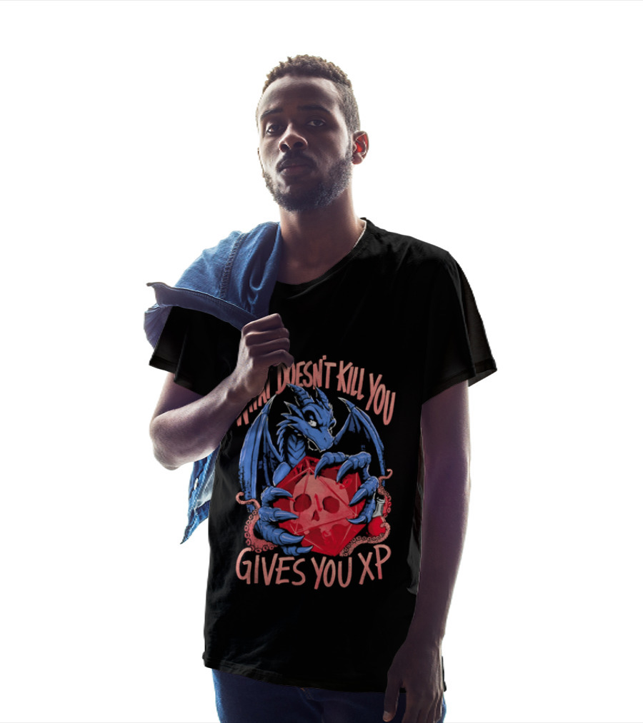 What Doesn't Kill You Gives You XP Blue Dragon Holding Red D20 Skull T-Shirt