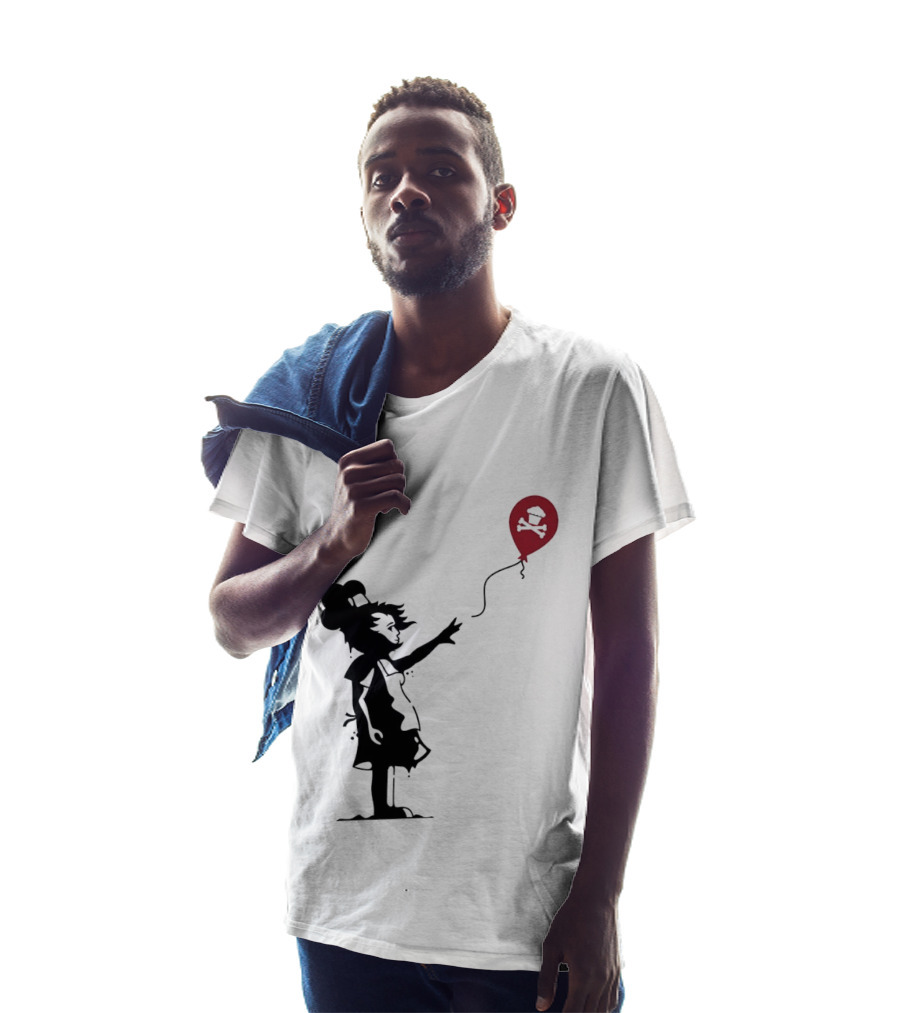 Baker Reaching For Cupcake And Crossbones Balloon Black Silhouette On Red T-Shirt