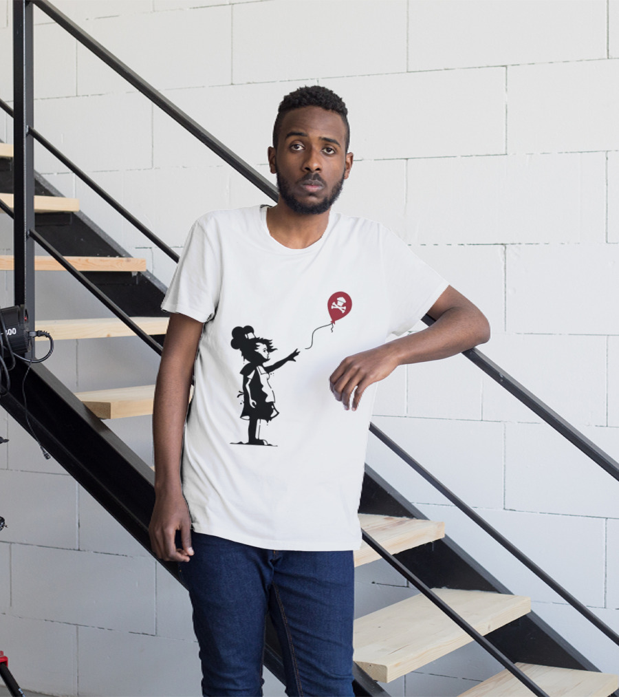 Baker Reaching For Cupcake And Crossbones Balloon Black Silhouette On Red T-Shirt