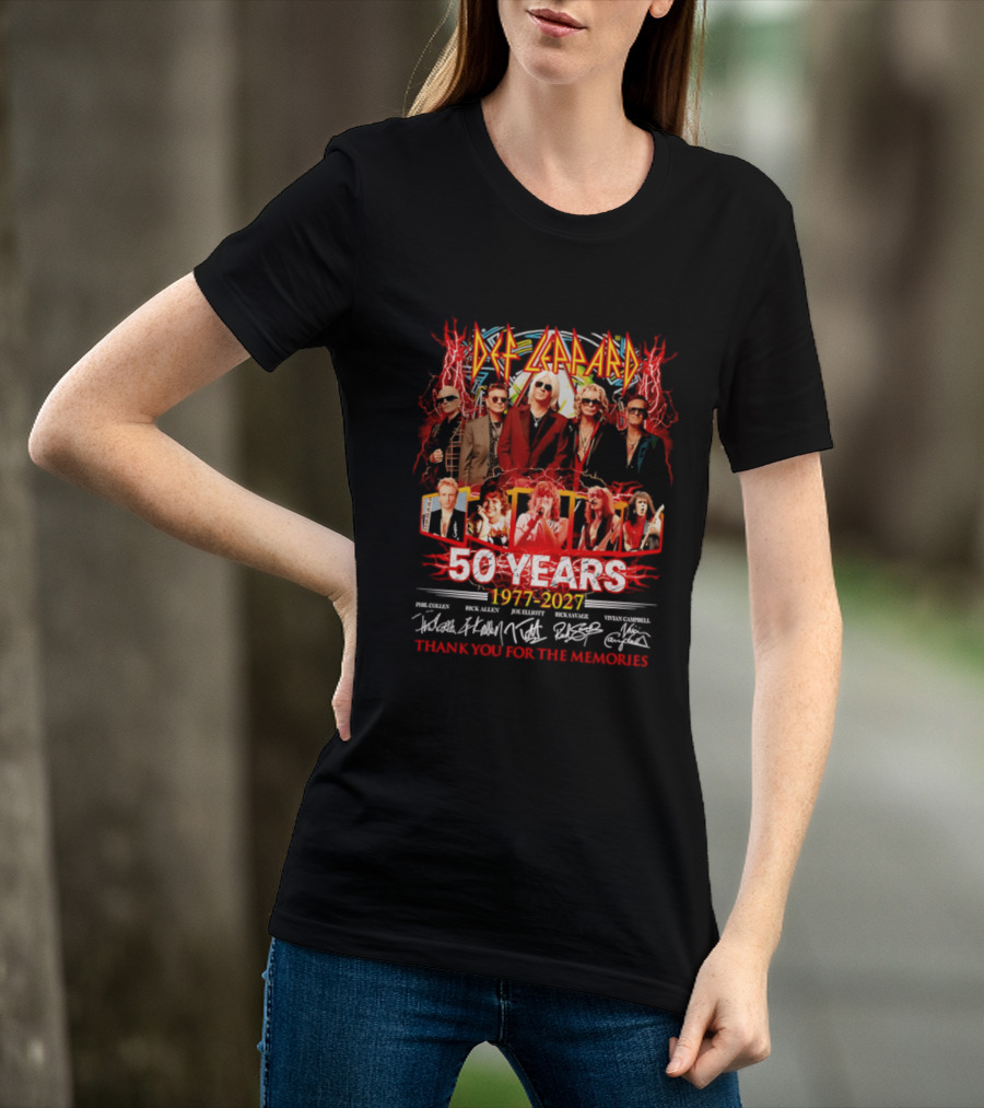 Def Leppard 50 Years 1977 2027 Thank You For The Memories Rock Legends Celebration Autographed Collage T-Shirt
