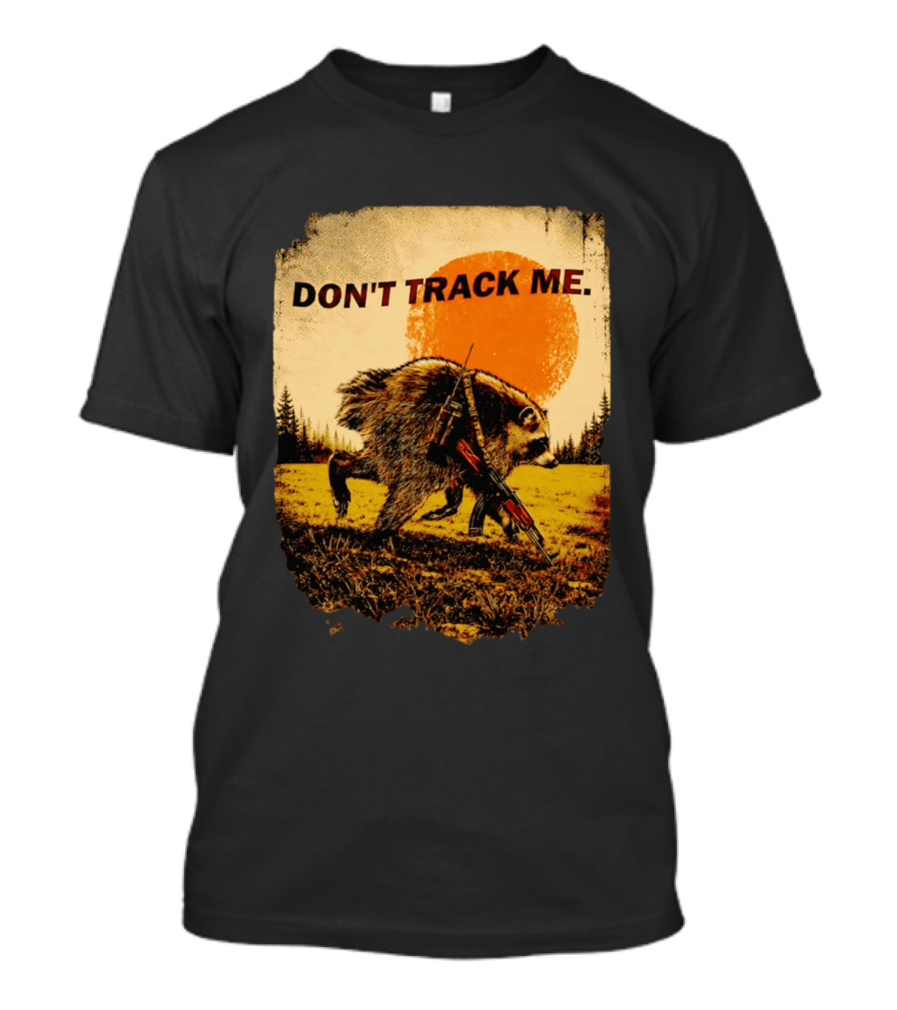 Don't Track Me Raccoon Sunset AK 47 Forest Scene T-Shirt