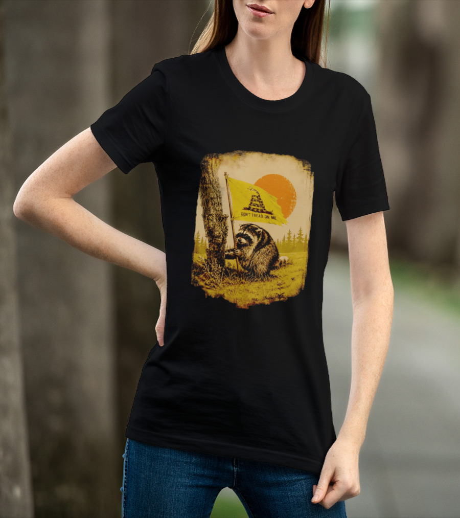Don't Tread On Me Raccoon Holding Gadsden Flag Rustic Sun T-Shirt