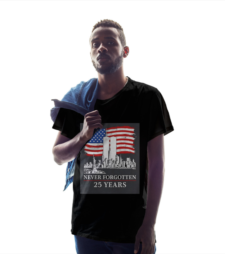 September 11 Twin Towers Memorial New York Never Forgotten 25 Years Anniversary USA Flag Statue Of Liberty T-Shirt