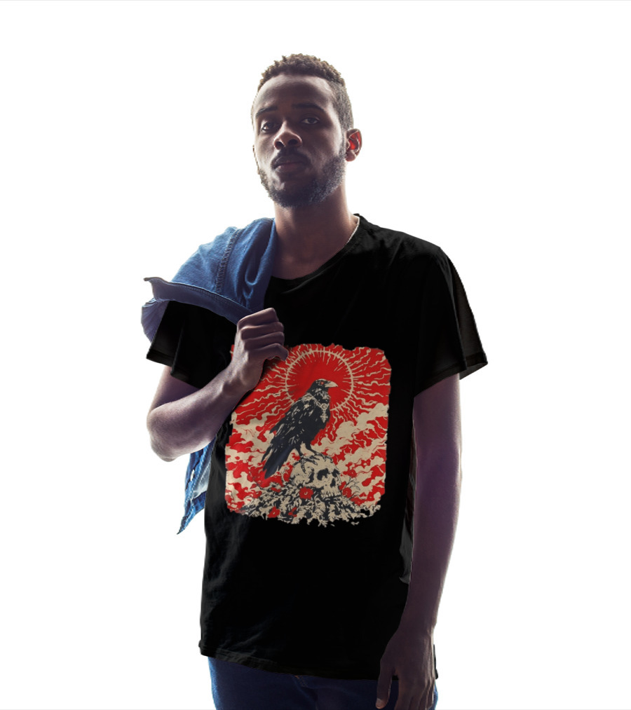 The Crow And The Skull Vintage Gothic Illustration Red Sunburst Mystical T-Shirt