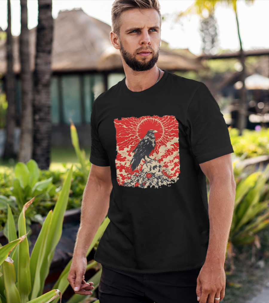 The Crow And The Skull Vintage Gothic Illustration Red Sunburst Mystical T-Shirt