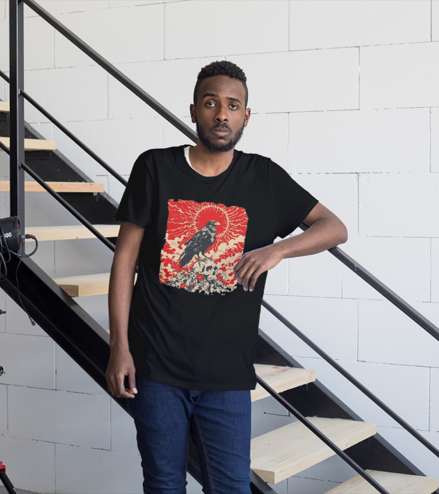 The Crow And The Skull Vintage Gothic Illustration Red Sunburst Mystical T-Shirt