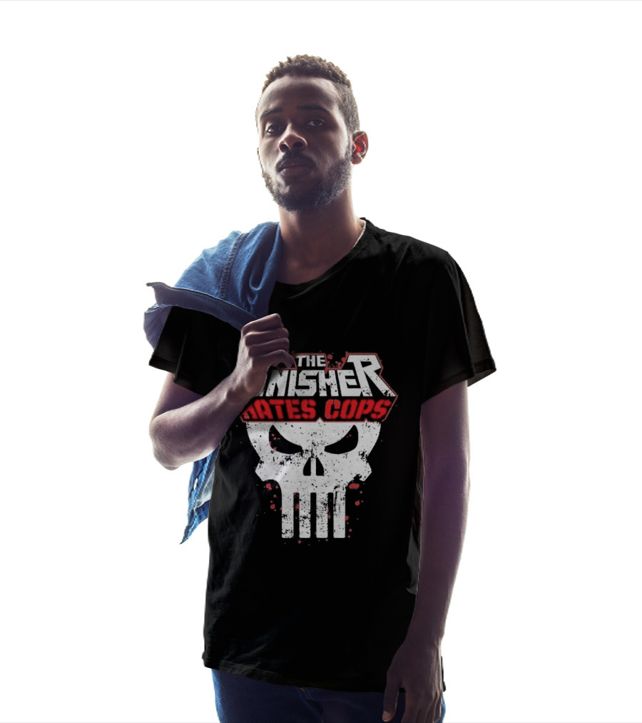 The Punisher Hates Cops Skull Symbol Red White T-Shirt