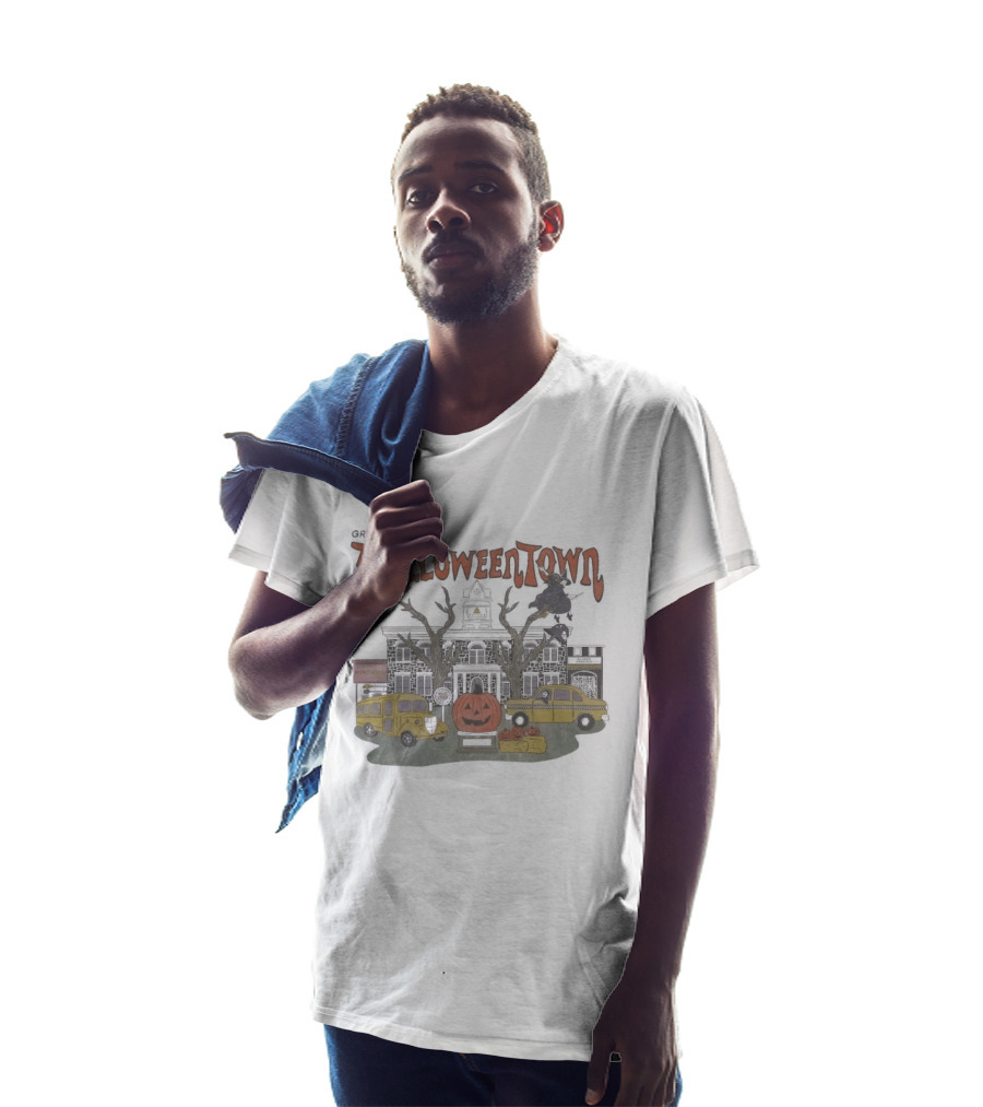 Greetings From Halloweentown Spooky Pumpkin Taxi Bus Haunted House Scene T-Shirt