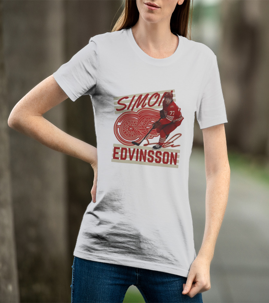 Simon Edvinsson 77 Detroit Red Wings Signature Hockey T-Shirt