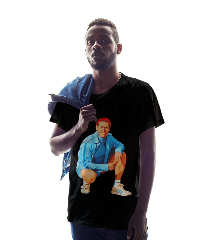Willem Dafoe Meme Red Beanie Blue Tracksuit Squatting Pose T-Shirt