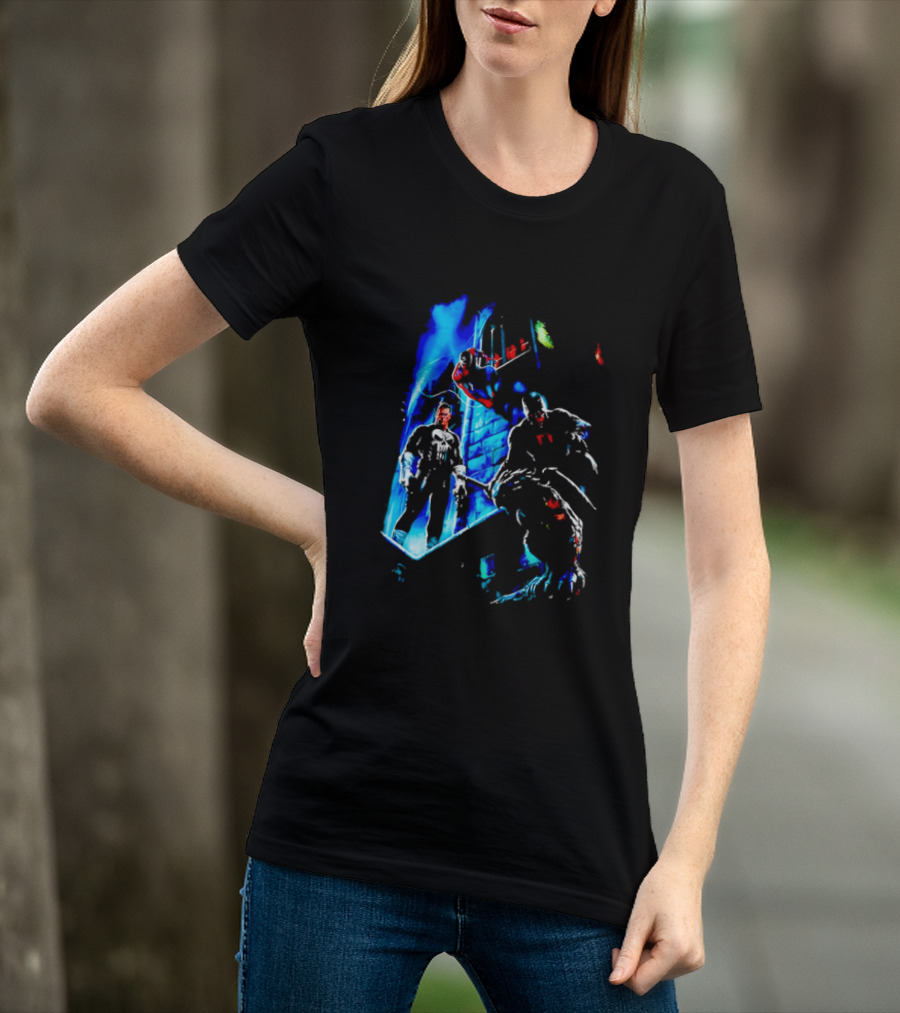 Marvel Comics Vigilante Action The Punisher Spider Man Daredevil Urban Battle Scene T-Shirt