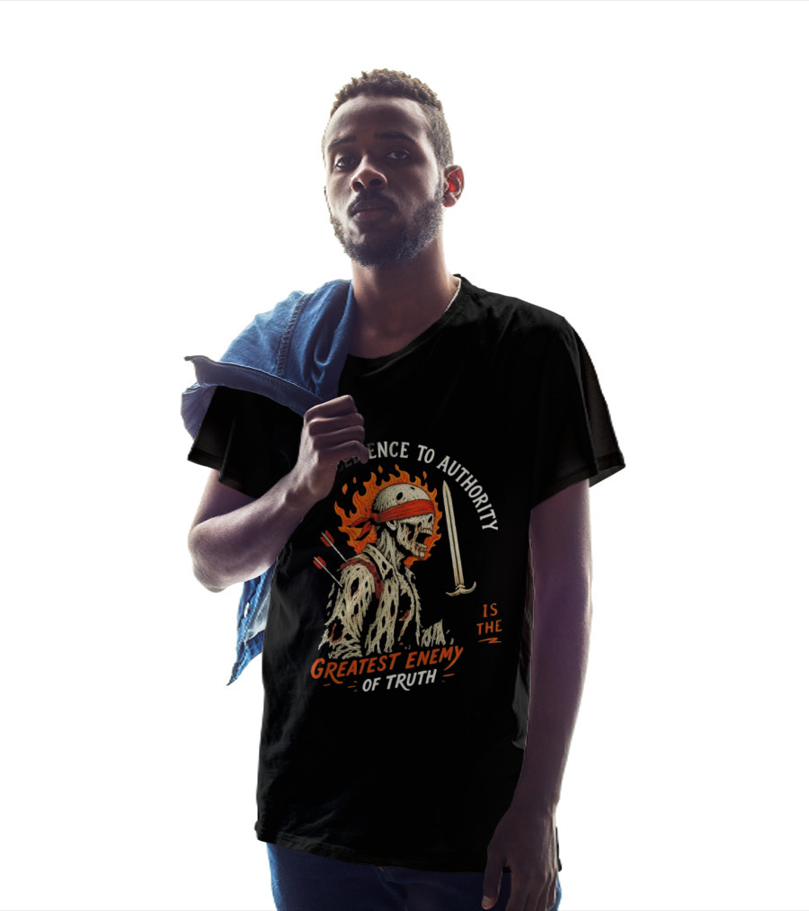Blind Obedience To Authority Skeleton Warrior Greatest Enemy Of Truth Fiery Bandana Sword Arrows T-Shirt