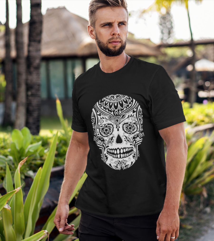 Sugar Skull Artistic Decorative Detailed Black White Intricate Motif T-Shirt