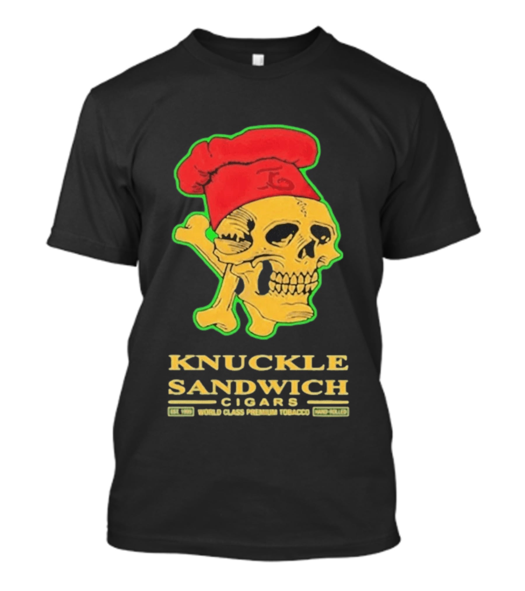 Knuckle Sandwich Cigars World Class Tobacco Skull With Red Chef Hat And Crossbones T-Shirt