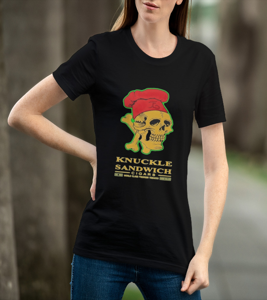 Knuckle Sandwich Cigars World Class Tobacco Skull With Red Chef Hat And Crossbones T-Shirt