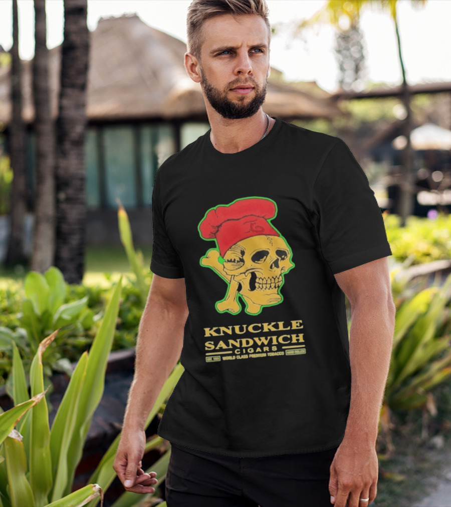 Knuckle Sandwich Cigars World Class Tobacco Skull With Red Chef Hat And Crossbones T-Shirt