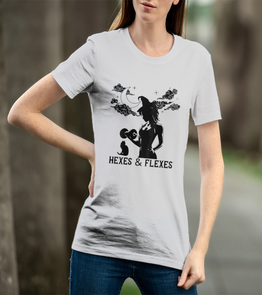 Spooky Fitness Witch Lifting Dumbbell With Cat Hexes & Flexes Moon Clouds T-Shirt
