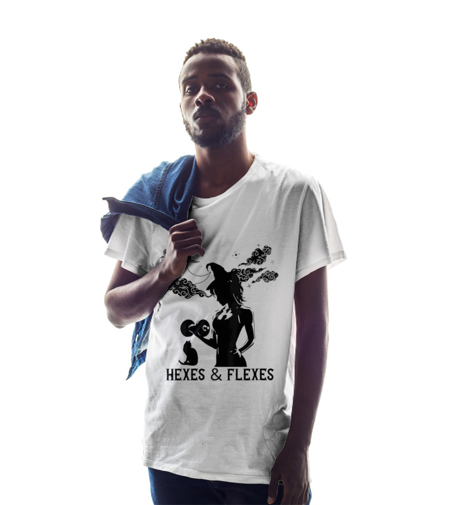 Spooky Fitness Witch Lifting Dumbbell With Cat Hexes & Flexes Moon Clouds T-Shirt