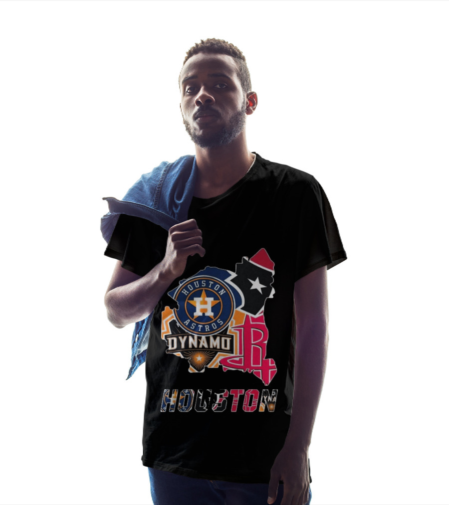 Houston Astros Texans Dynamo Rockets Map Logo Collage T-Shirt