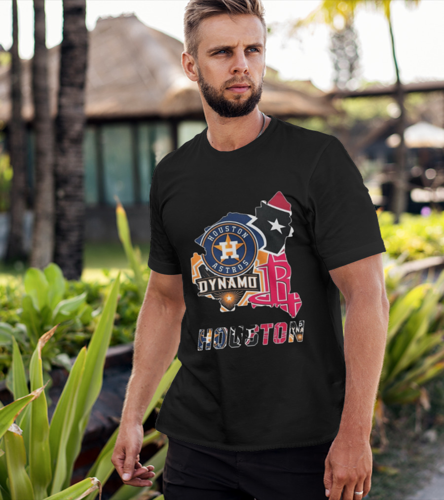 Houston Astros Texans Dynamo Rockets Map Logo Collage T-Shirt