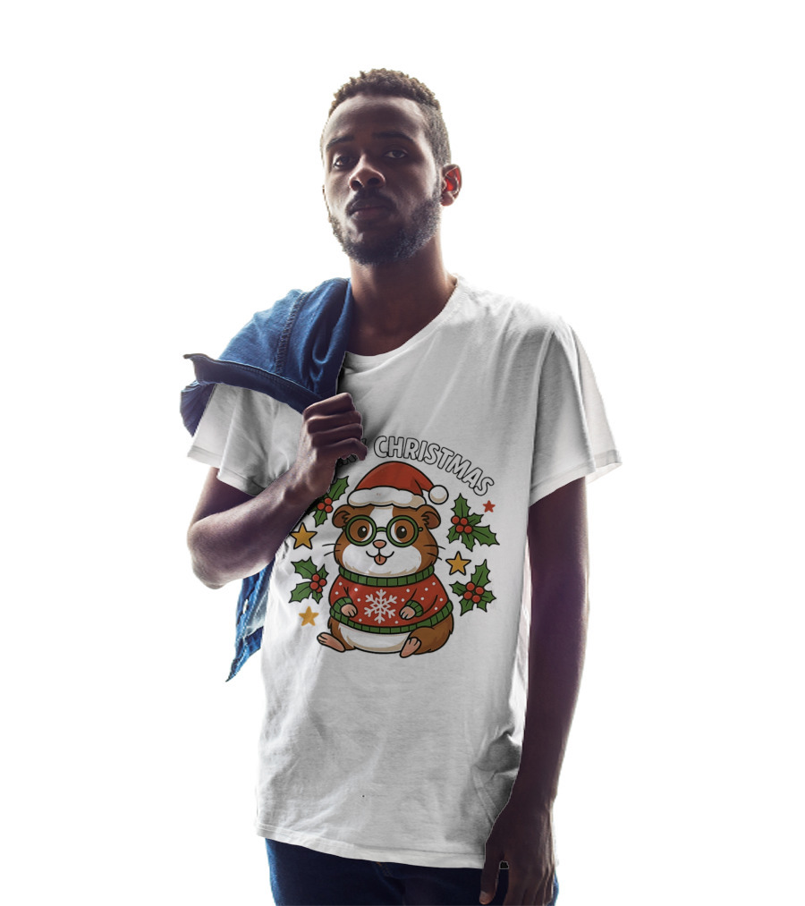 Merry Christmas Santa Guinea Pig In Holiday Sweater With Holly And Stars T-Shirt