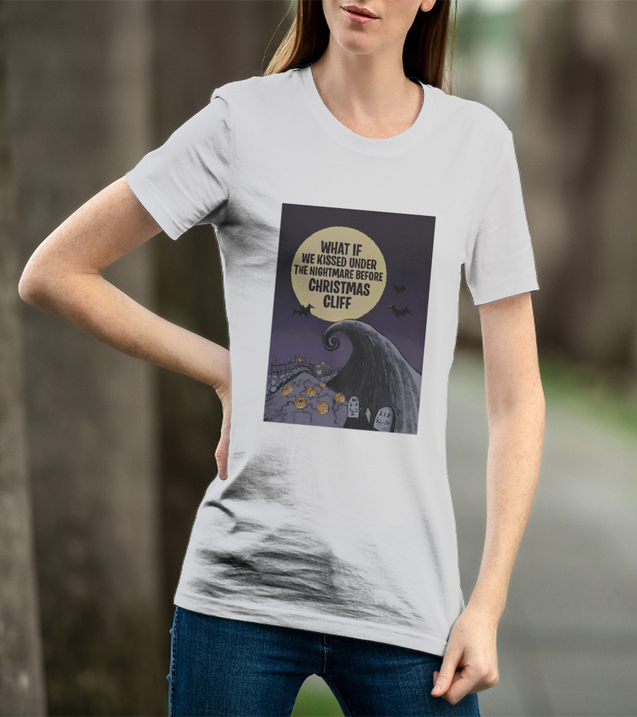 What If We Kissed Under The Nightmare Before Christmas Cliff Halloween Moon Bats Pumpkins Graveyard Scene T-Shirt