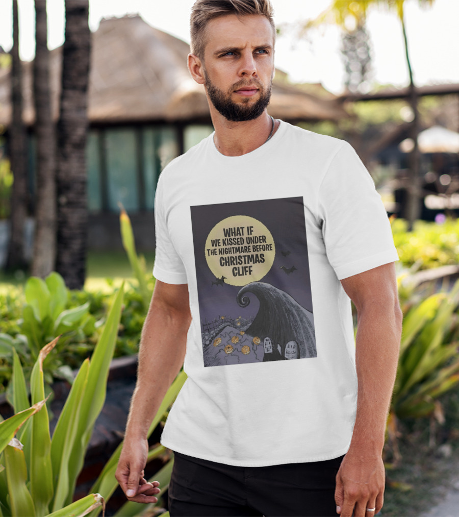 What If We Kissed Under The Nightmare Before Christmas Cliff Halloween Moon Bats Pumpkins Graveyard Scene T-Shirt