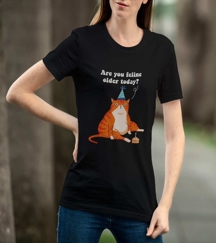 Are You Feline Older Today Birthday Cat With Party Hat And Cake T-Shirt