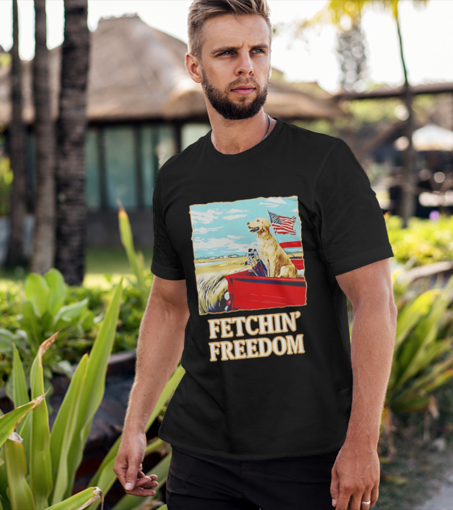 Fetching Freedom Dog And American Flag Scene T-Shirt