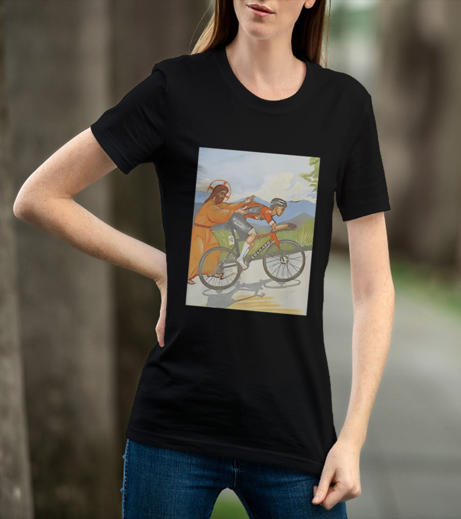 Jesus Gives Tadej Pogačar A Push Colnago Cycling T-Shirt